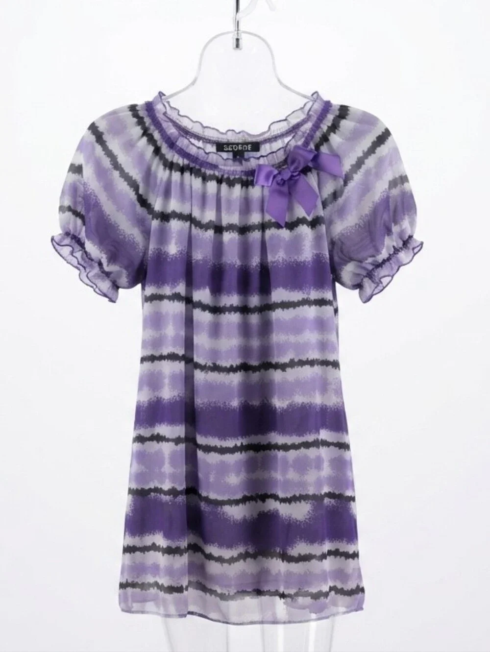 George Girls Large (10-12) Purple & White Stripe Chiffon Short Sleeve Top